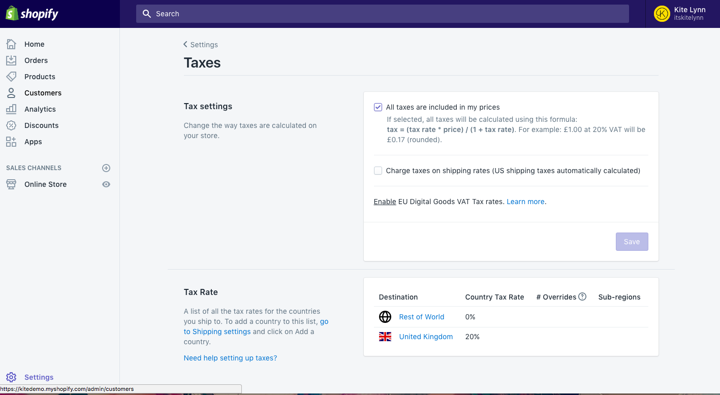 Shopify tax settings: main page
