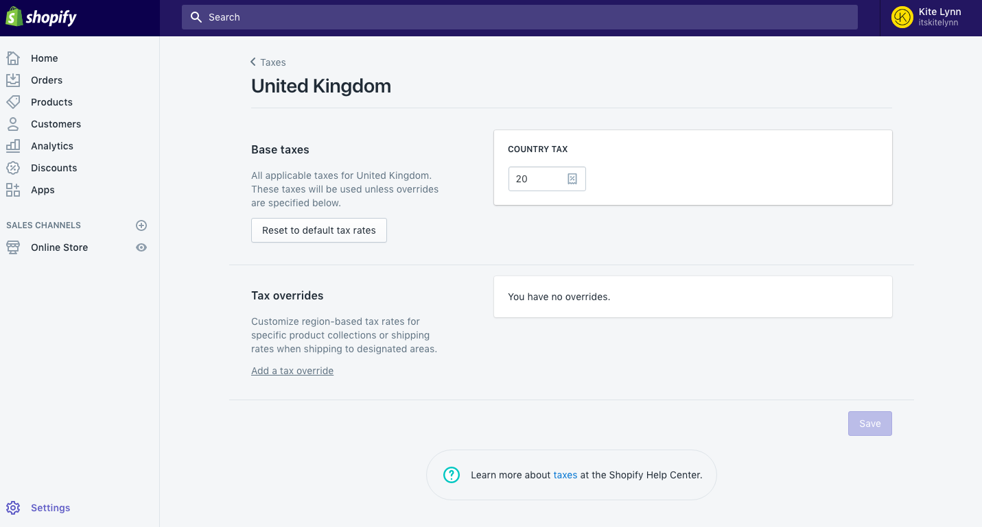 Shopify tax settings: country page